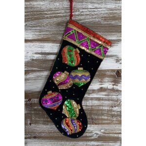 Green VELVET Plush SEQUIN Ornaments CHRISTMAS STOCKING BEAUTIFUL 18" Vintage